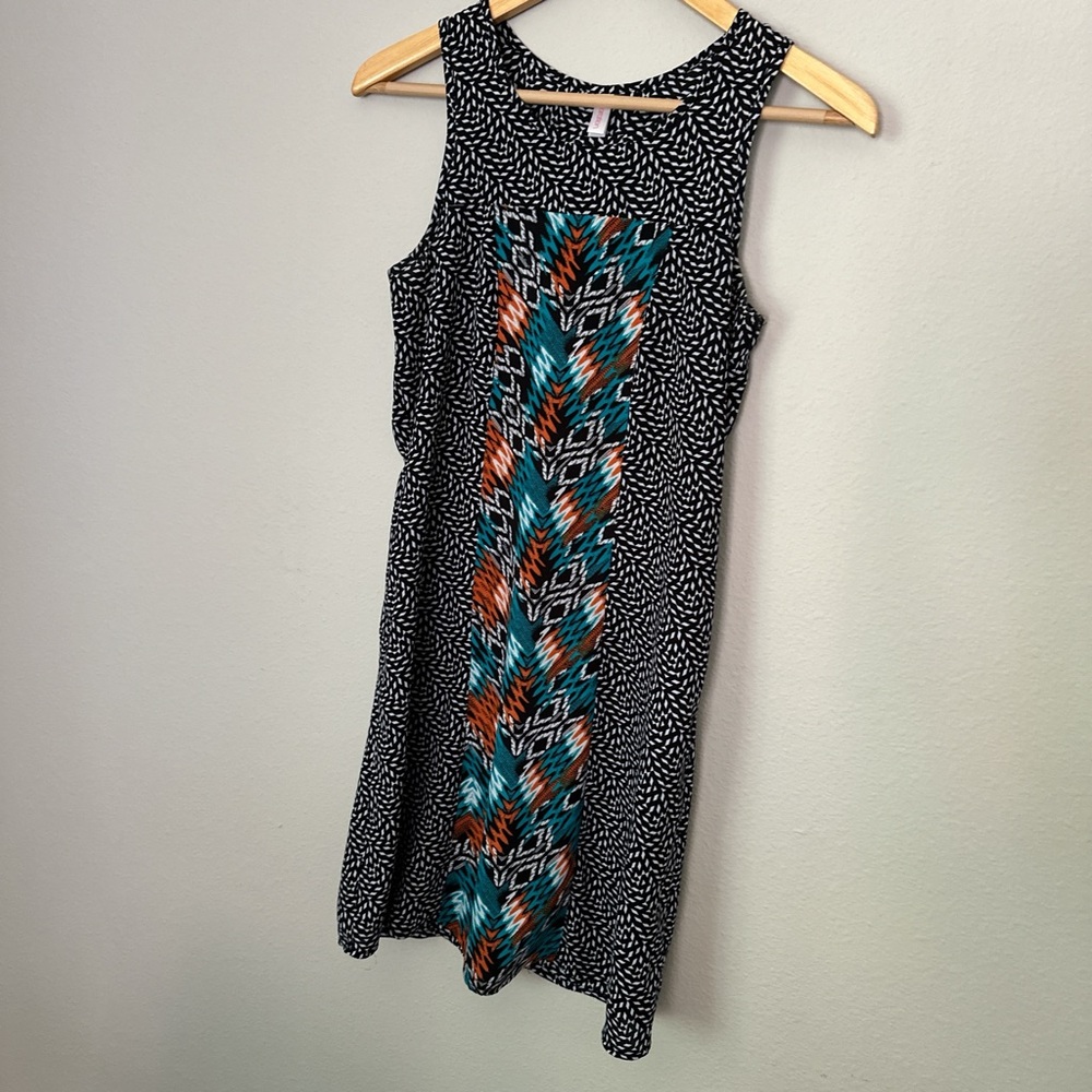 Black, teal white, and orange Aztec pattern sleeveless dress